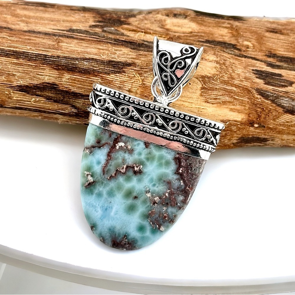 Larimar Natural Caribbean Gemstone 925 Silver Pendant Necklace